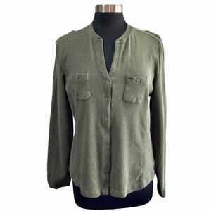 Orvis Olive Green Knit Cardigan Button Front Split V-Neck Size Large Fall Casual